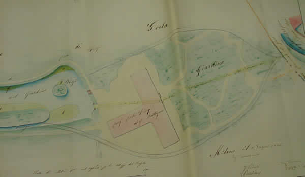 Villa Finzi. Laghetto. Roggia Acqualunga. Pianta 1826